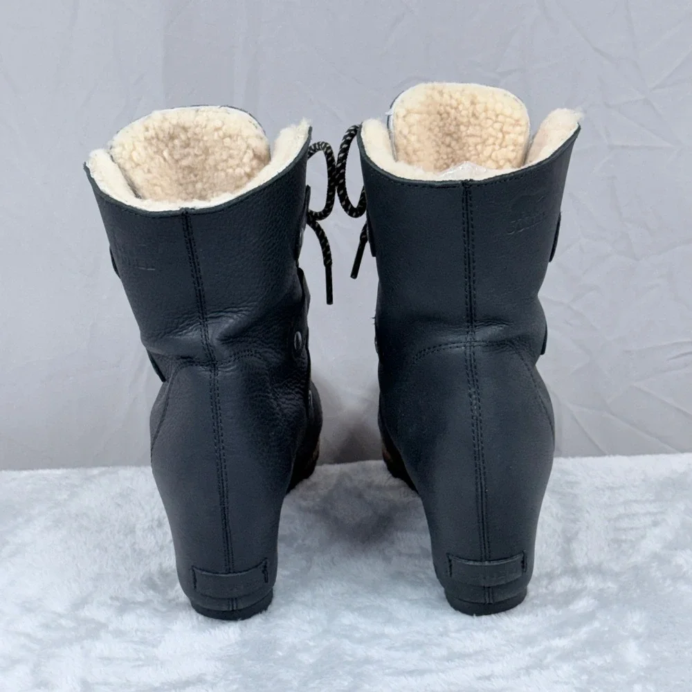 Sorel Joan of Arctic Wedge Boots Womens 8.5 Black Leather Faux Fur Lined Lace Up